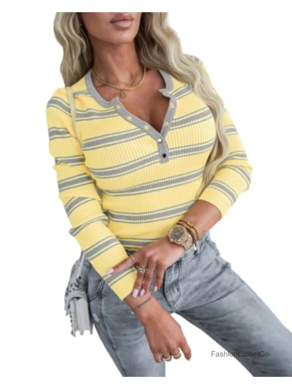 Women's Striped Long Sleeve Henley Knit Pullover Slim Fit Stretchable
